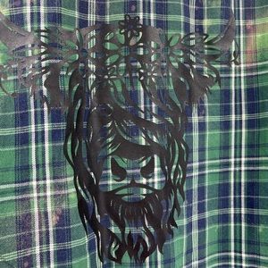 Upcycled Plaid Flannel Cow Longhorn graphic Adult Medium Bleach Dyed Green Blue